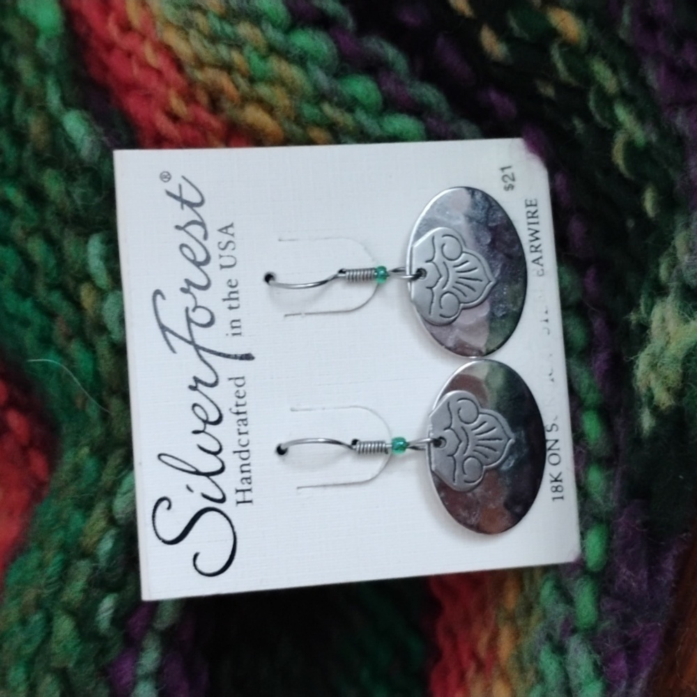 Silver Forest Earrings Hammered Shiny Oval Floral Stamped 2 Layer